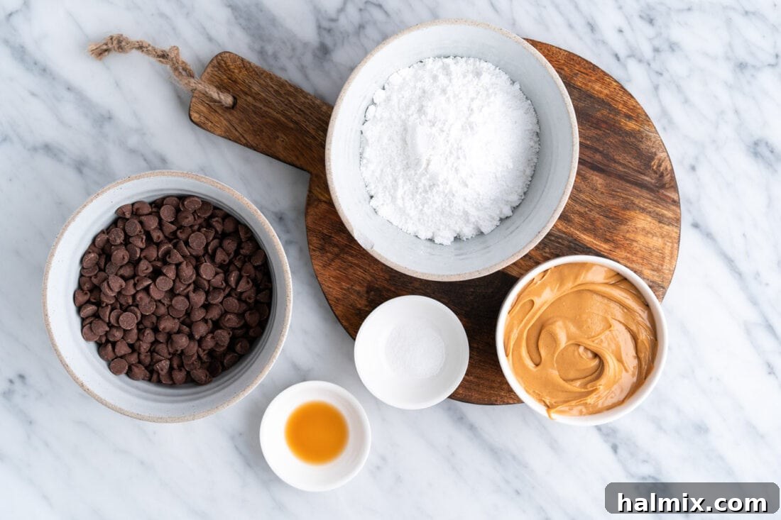 Sweetheart Chocolate Peanut Butter Treats 4 All the necessary ingredients laid out for making Chocolate Peanut Butter Hearts: powdered sugar, creamy peanut butter, vanilla extract, salt, and milk chocolate chips.