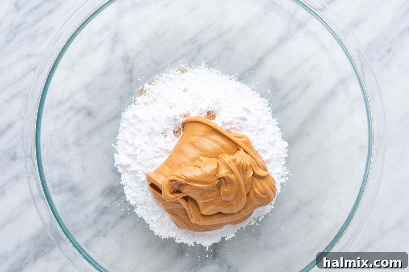 Sweetheart Chocolate Peanut Butter Treats 5 powdered sugar, vanilla, salt, and peanut butter in a bowl