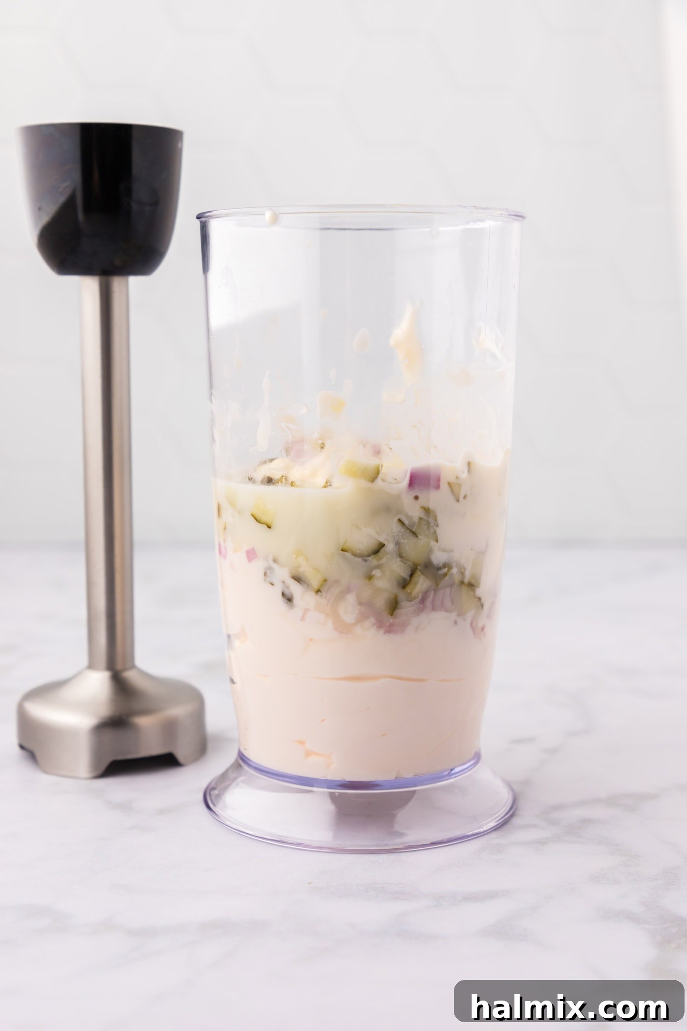 Zest for the Catch 5 All ingredients for tartar sauce placed in an immersion blender container