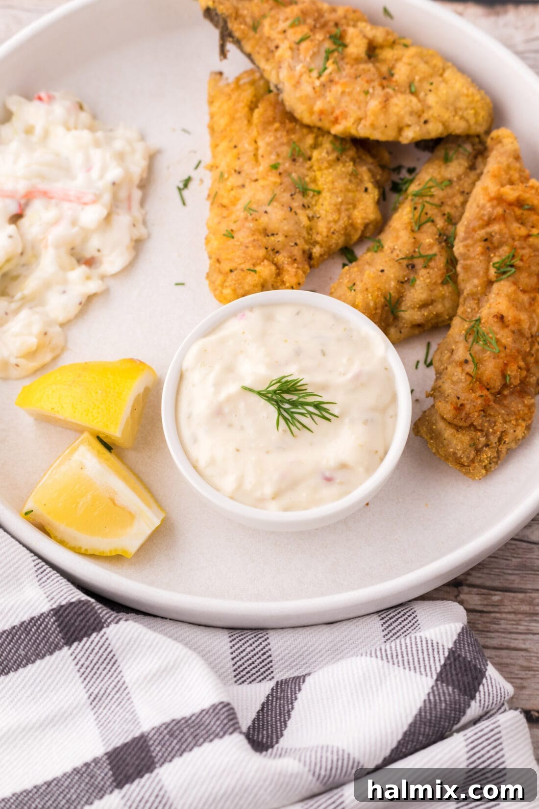 Zest for the Catch 8 Small bowl of Tartar Sauce on a plate with breaded fish, coleslaw and lemons, creating a delicious meal