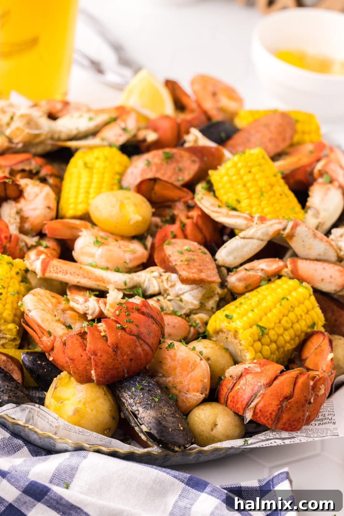 Ocean's Harvest Feast 3 Seafood Boil in a metal serving platter