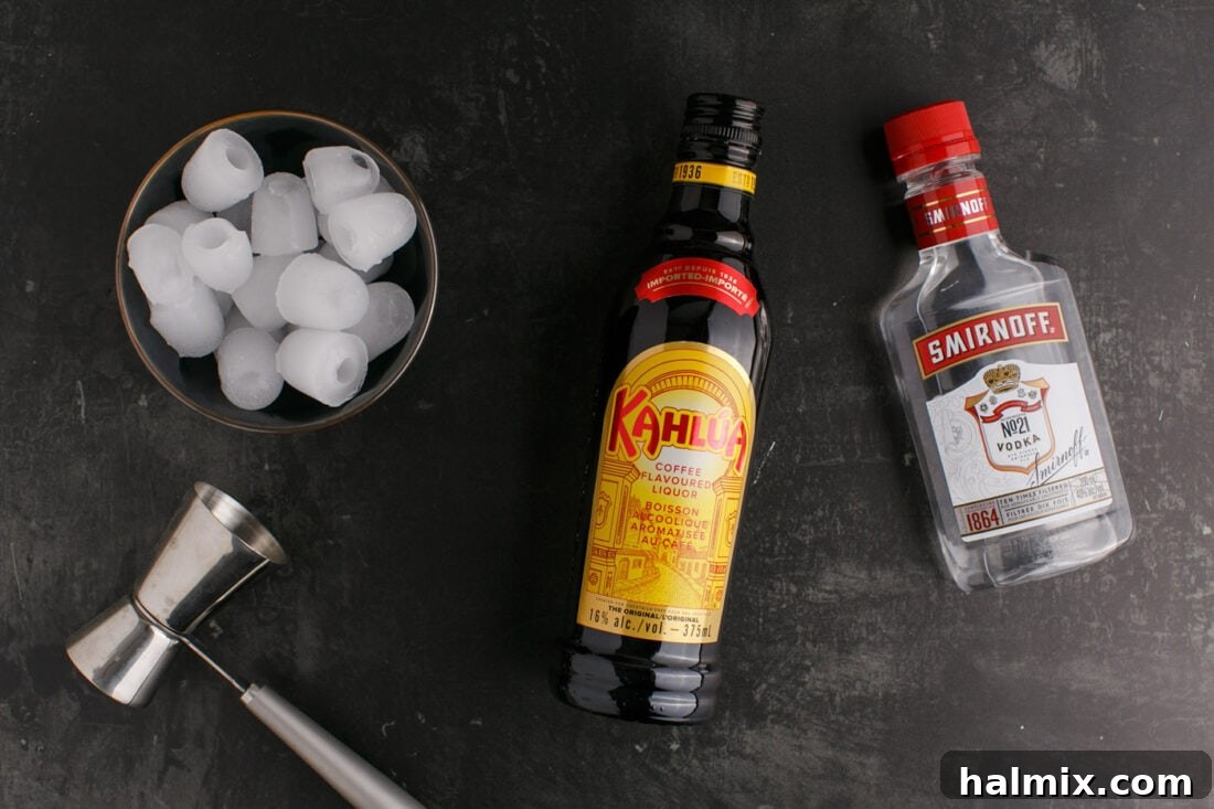 Ingredients for Black Russian, neatly arranged on a counter