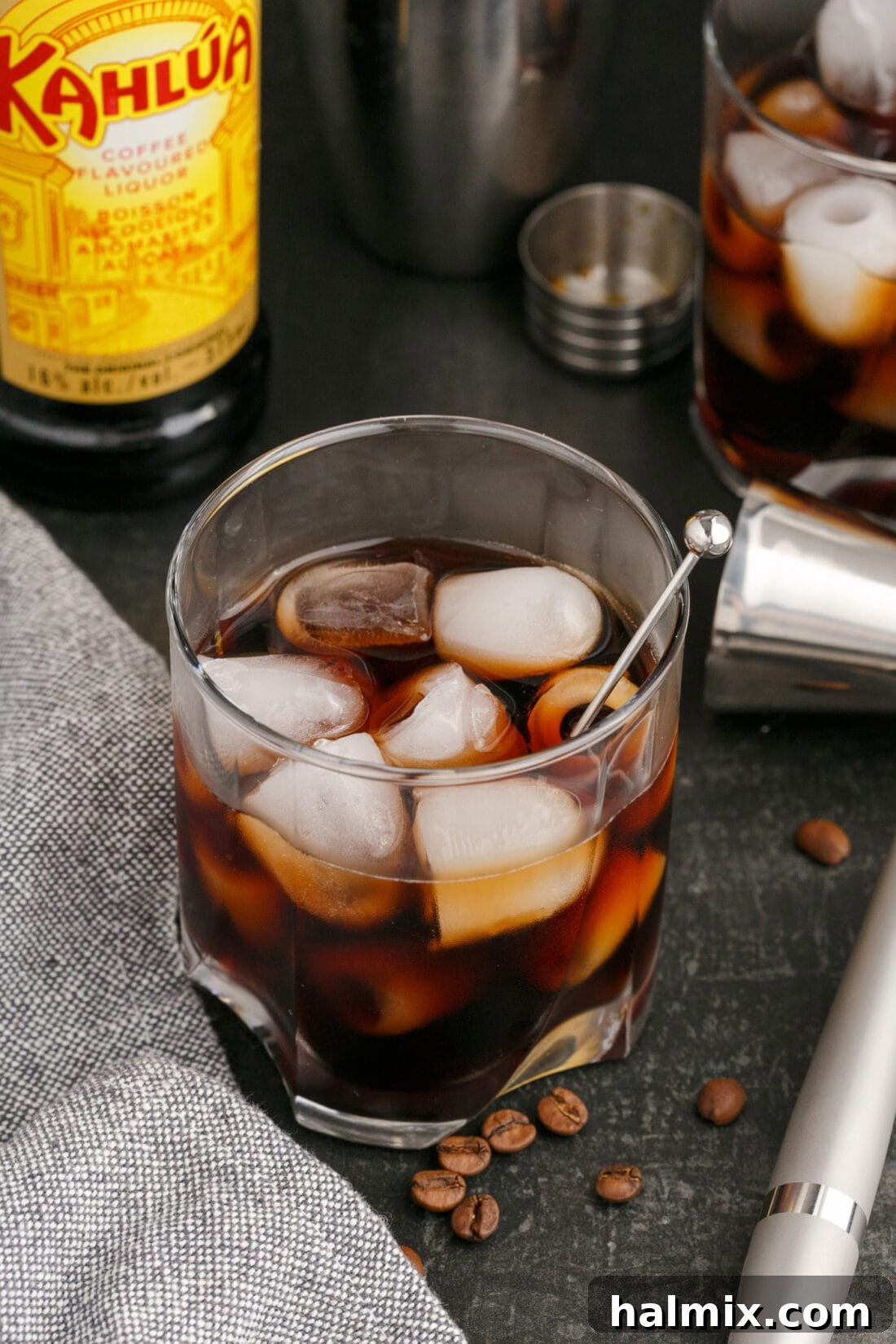 Black Russian in a rocks glass with a subtle play of light