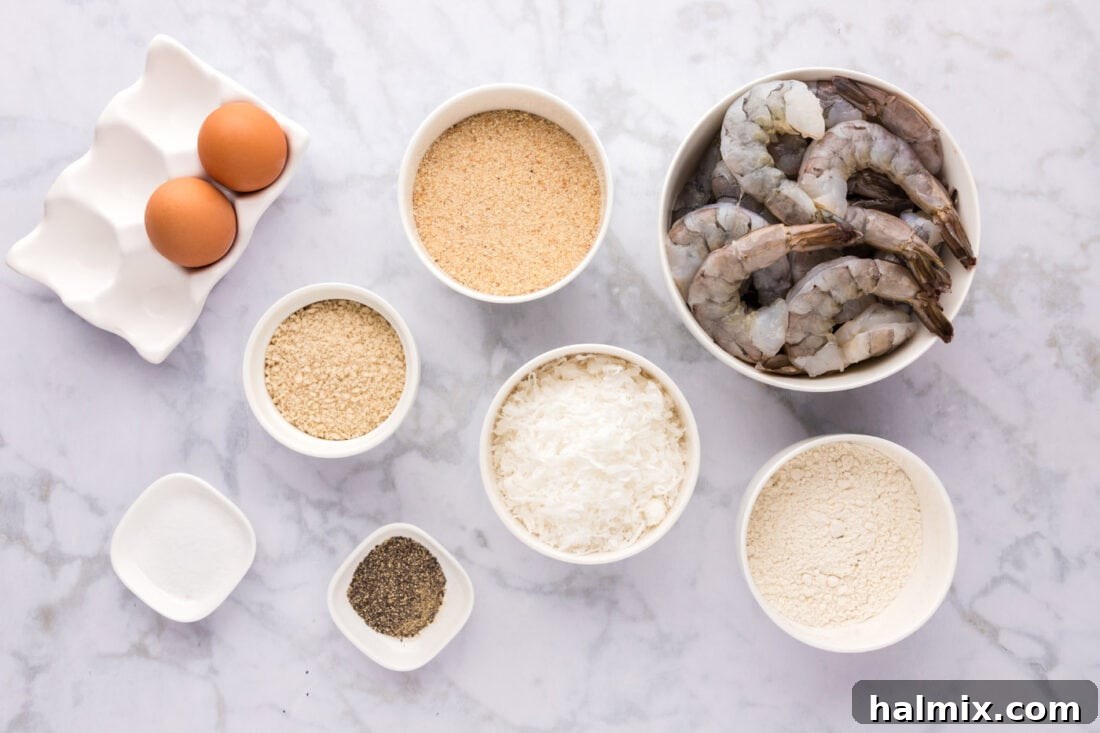Crispy Coconut Shrimp 4 A selection of fresh ingredients laid out for making Coconut Shrimp