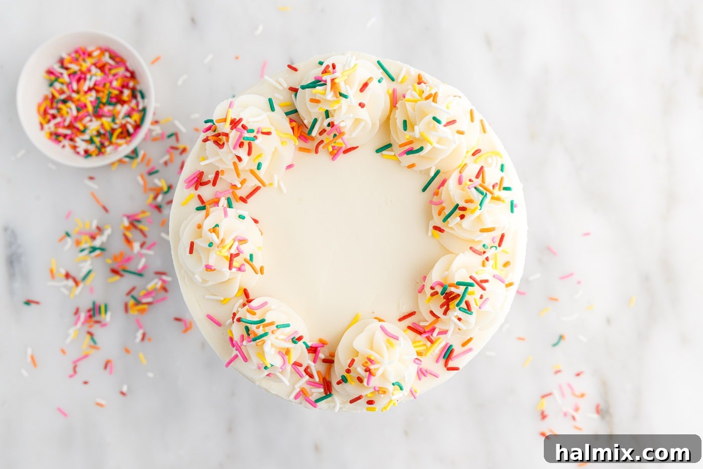 Festive Sprinkle Cake 21 funfetti cake with piped frosting and sprinkles