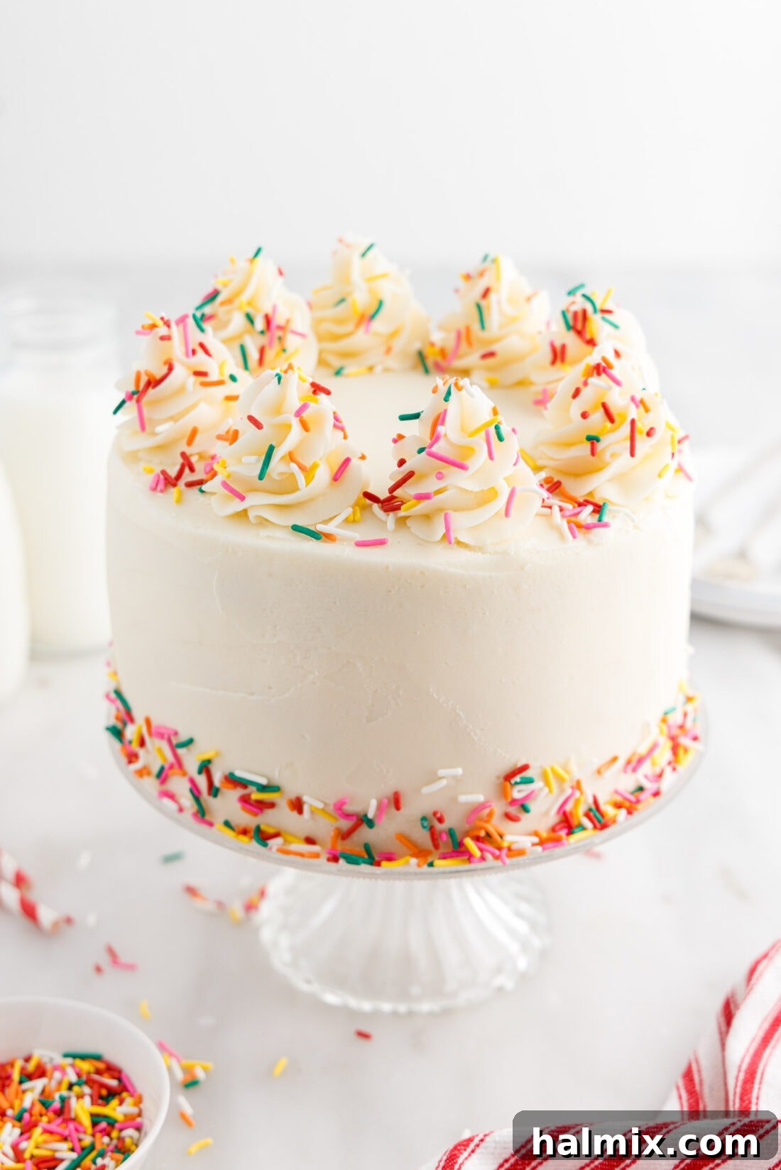 Festive Sprinkle Cake 22 Funfetti Cake on a cake stand