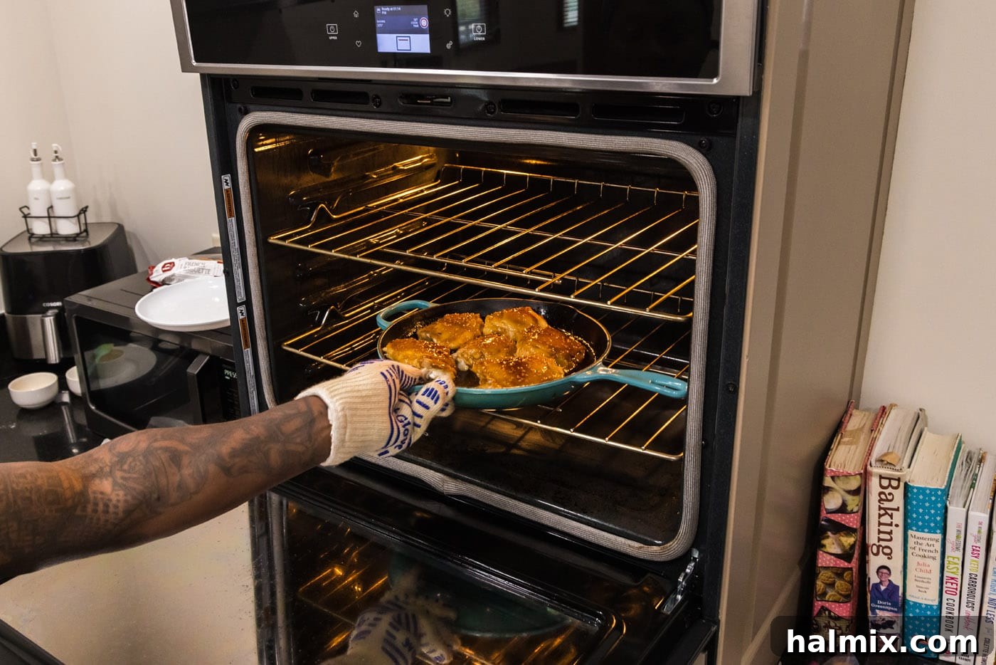 putting honey garlic chicken thighs into the oven