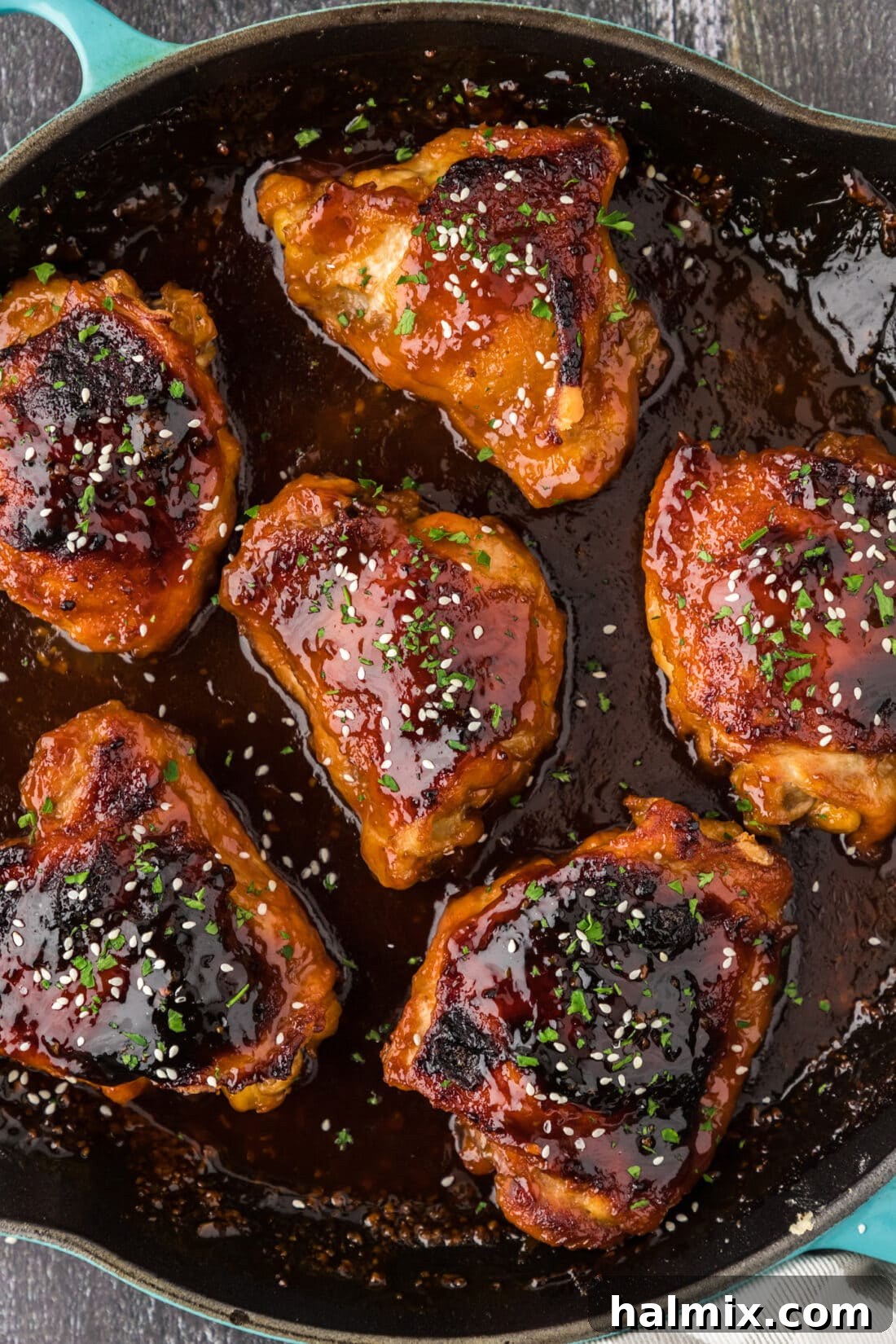 Close up of Honey Garlic Chicken in a skillet