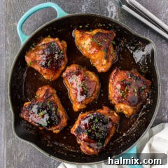 Overhead photo of Honey Garlic Chicken in a skillet