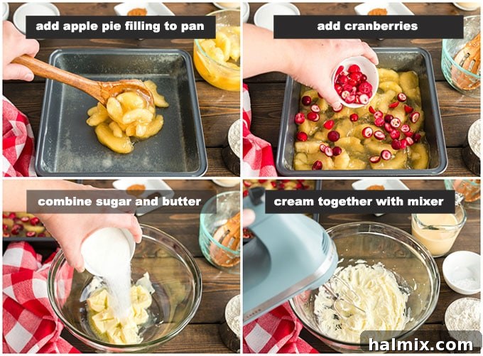 Step-by-step photos showing apple pie filling and cranberries layered in a baking dish, and butter and sugar being creamed together.