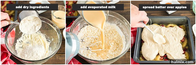 Step-by-step photos showing the crisp batter being spread over the fruit, and the dry topping ingredients being whisked.