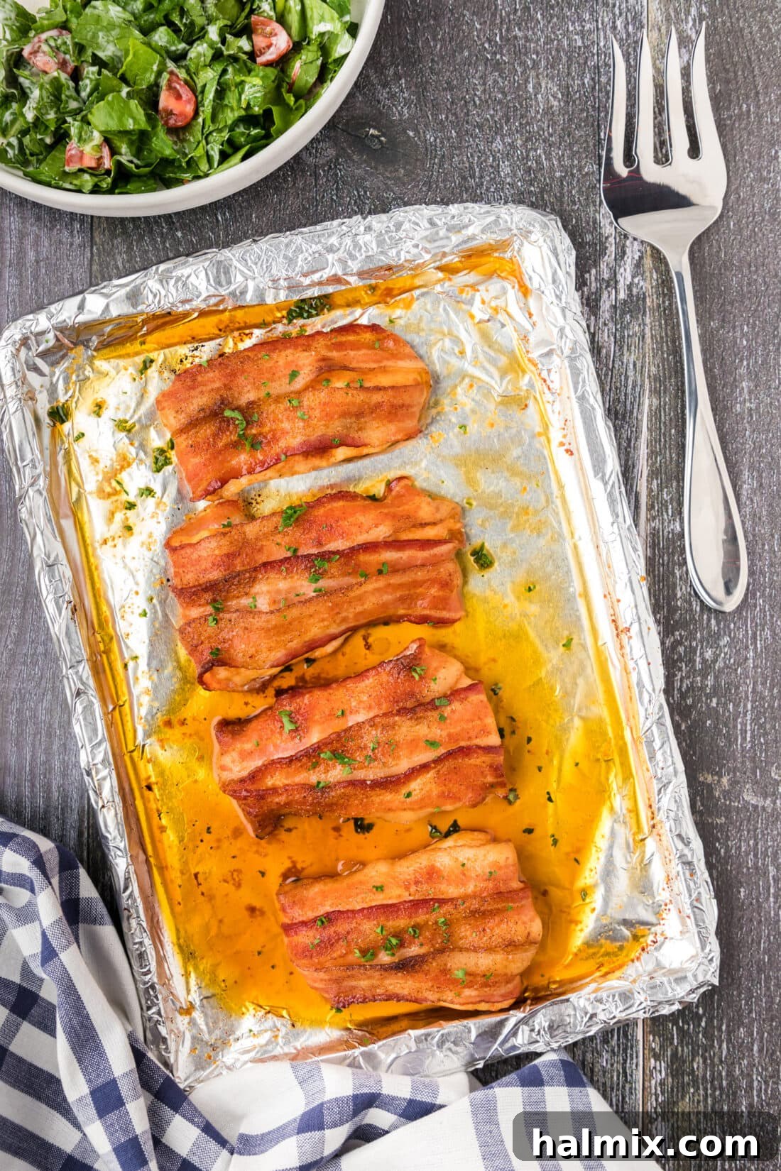Crispy Bacon Chicken Bundles 2 Pan of Bacon Wrapped Chicken, golden brown and sizzling