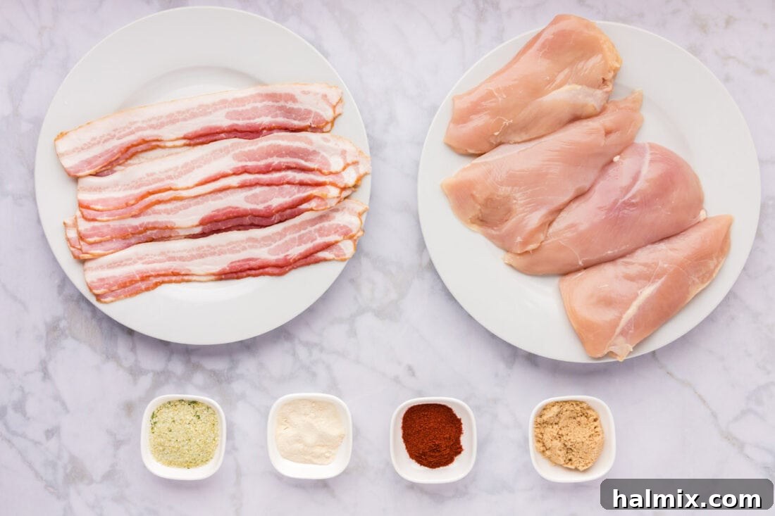Crispy Bacon Chicken Bundles 4 Ingredients for Bacon Wrapped Chicken laid out on a counter