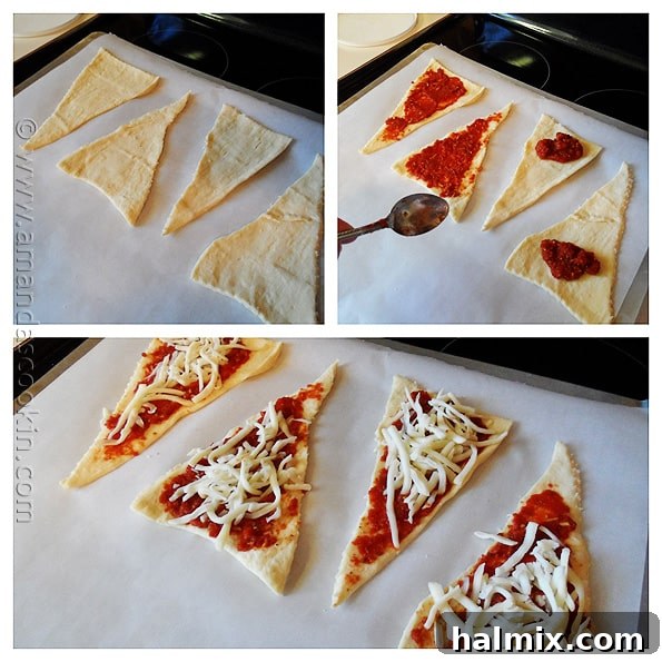 Cheesy Pizza Crescent Pinwheels 5 Photos of the steps to make pizza crescent roll ups.