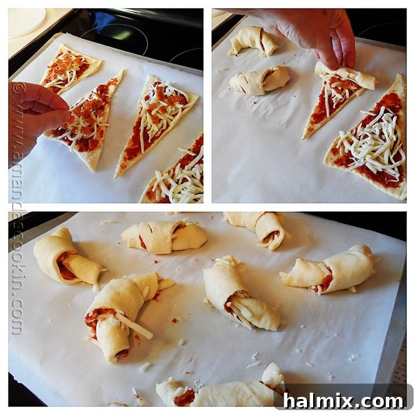 Cheesy Pizza Crescent Pinwheels 6 Photos of the steps to make pizza crescent roll ups.