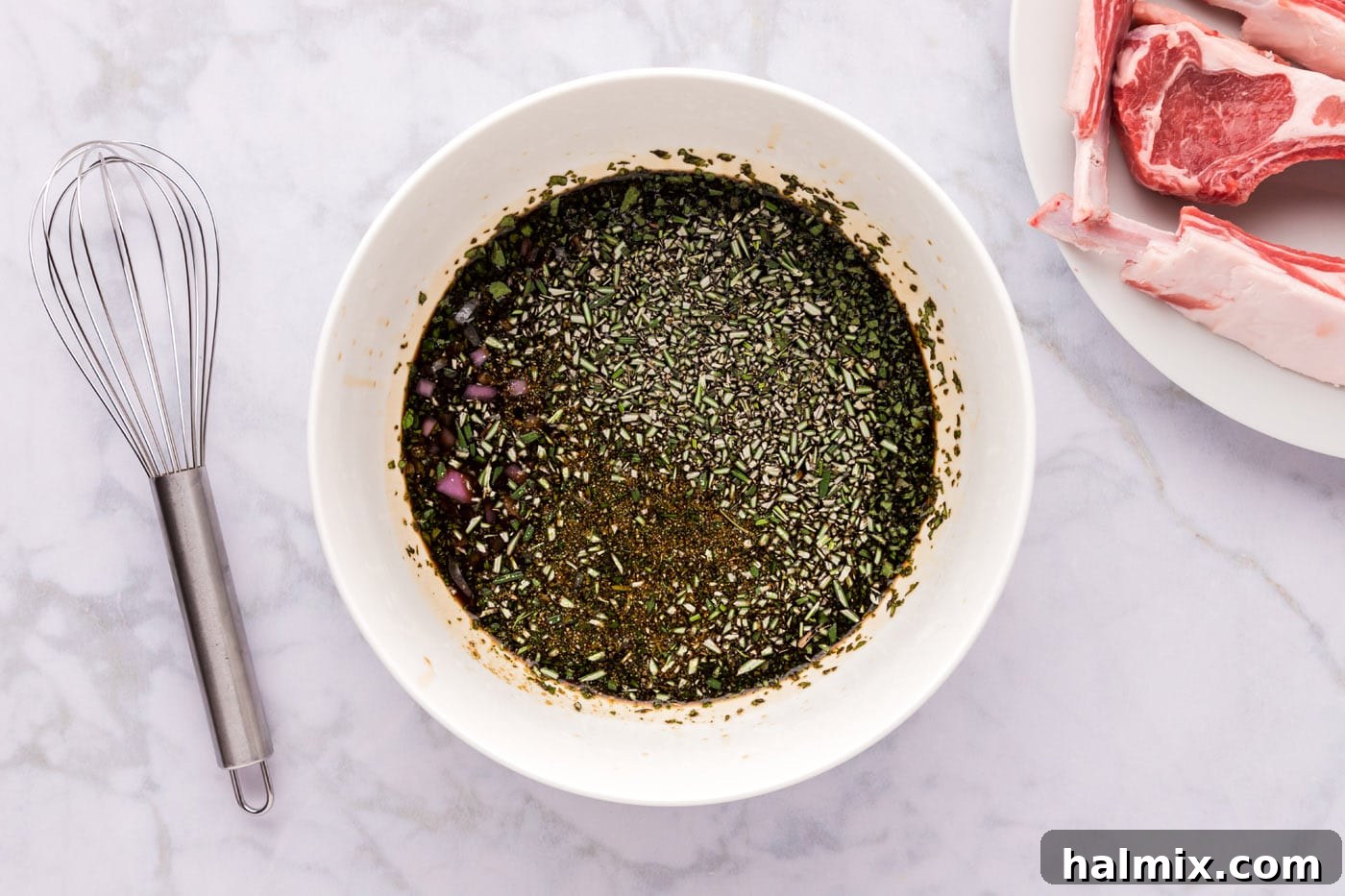 Ultimate Lamb Chop Marinade 5 lamb chop marinade ingredients in a bowl