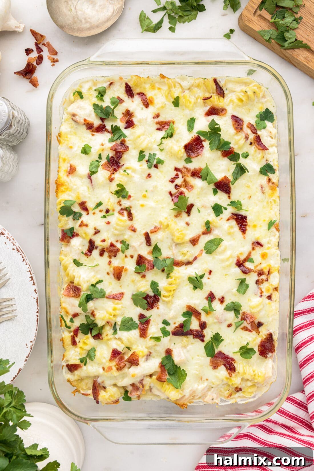 Overhead photo of a pan of Creamy Chicken Bacon Ranch Casserole