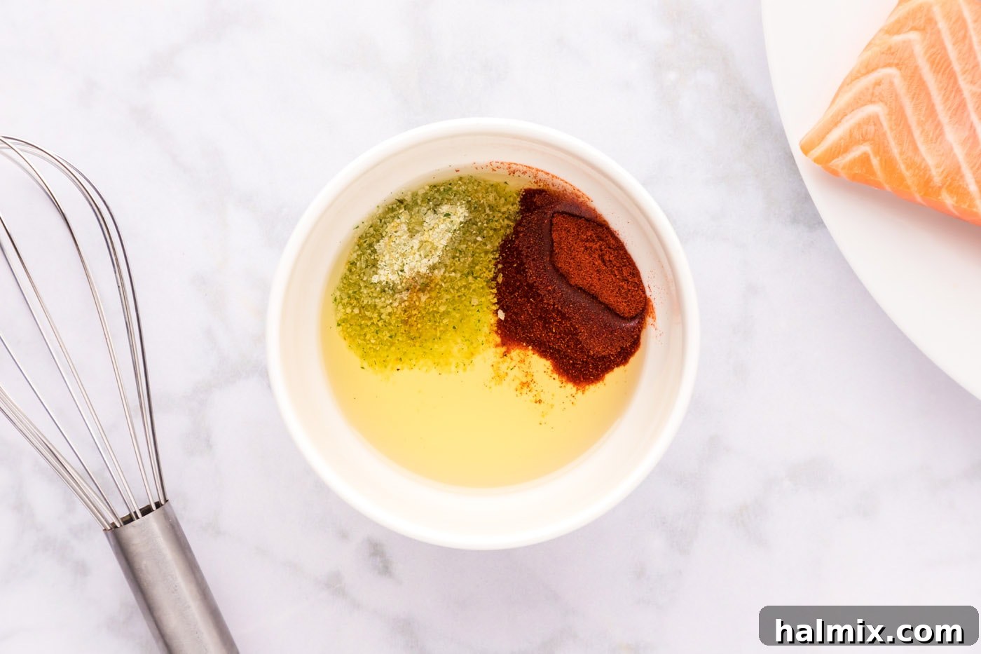 Succulent Roasted Salmon 5 Olive oil, paprika, and garlic salt whisked together in a small bowl