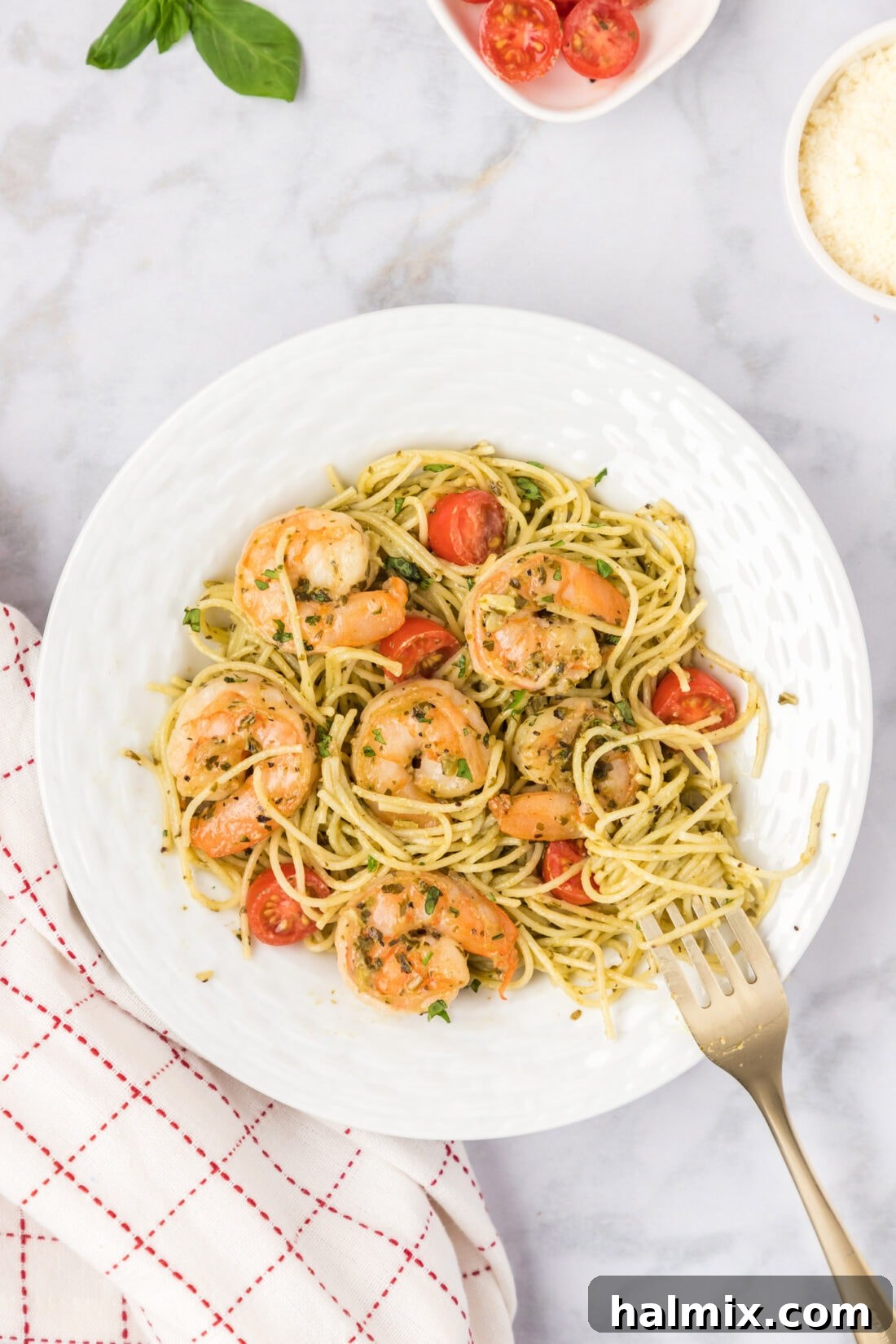 Plate of Shrimp Pesto Pasta ready to be enjoyed