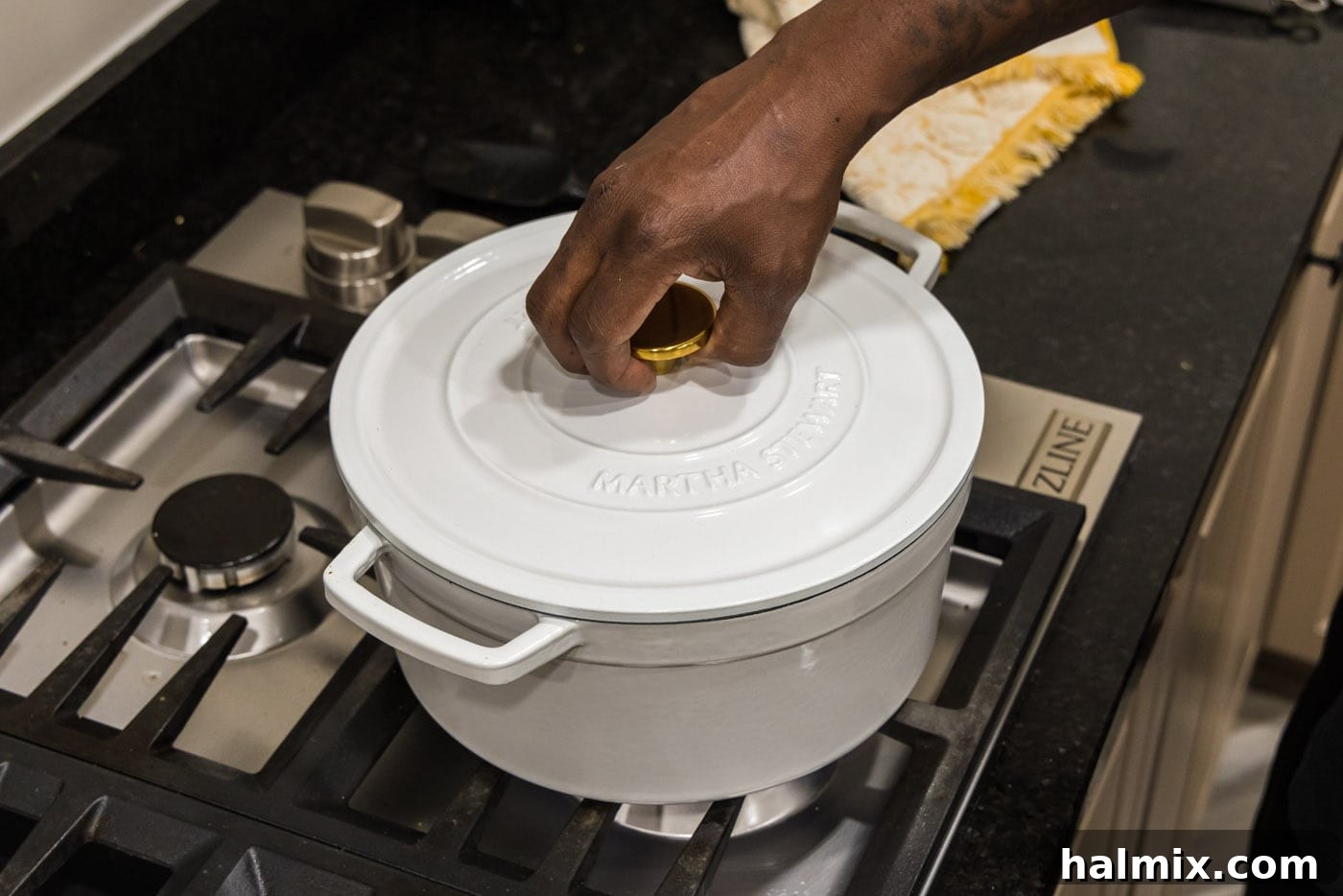 placing lid on dutch oven