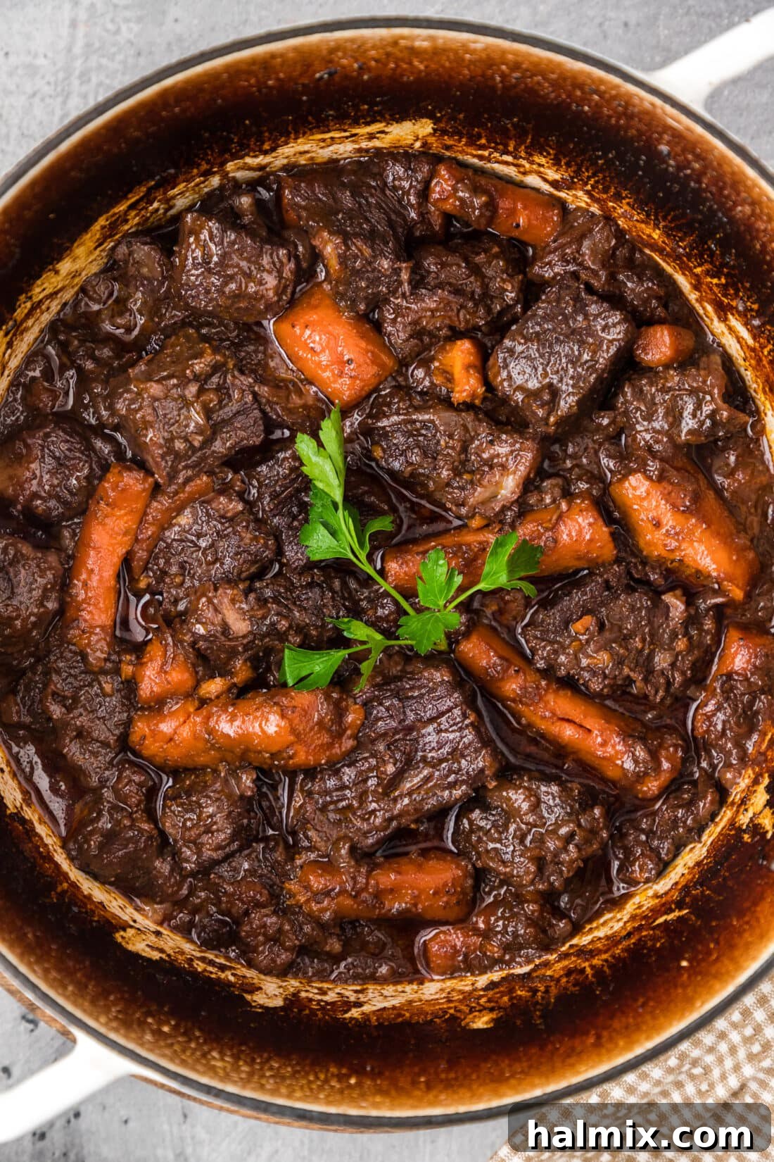 Close up of a pot of Braised Beef