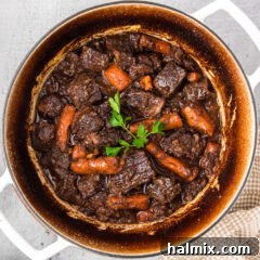 Overhead photo of a pot of Braised Beef