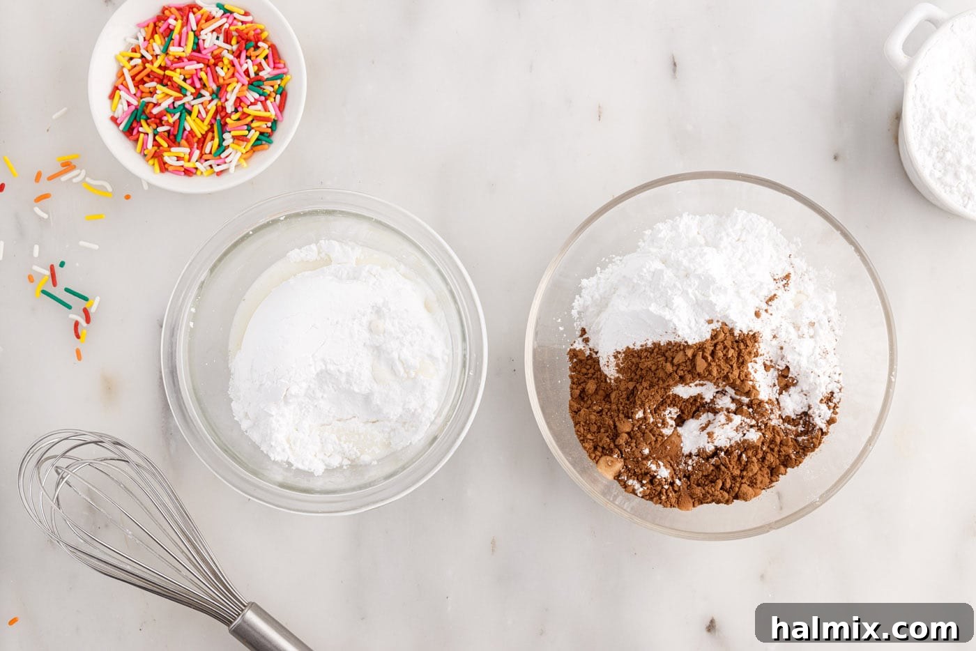 Easy Cake Mix Donuts 11 cocoa powder and powdered sugar in a bowl next to powdered sugar and milk in a bowl