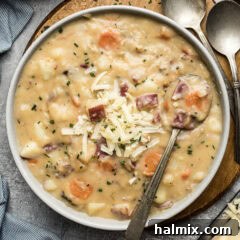 Close up photo of a bowl of Garlic Potato Soup