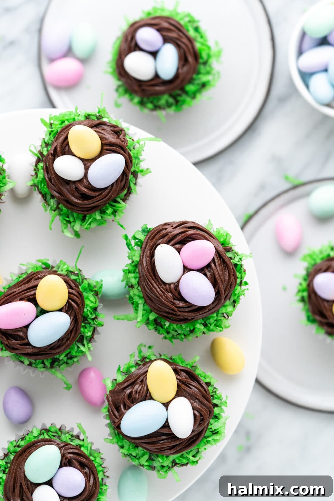 Whimsical Easter Nest Cupcakes 14 Easter Nest Cupcakes on a white cake stand
