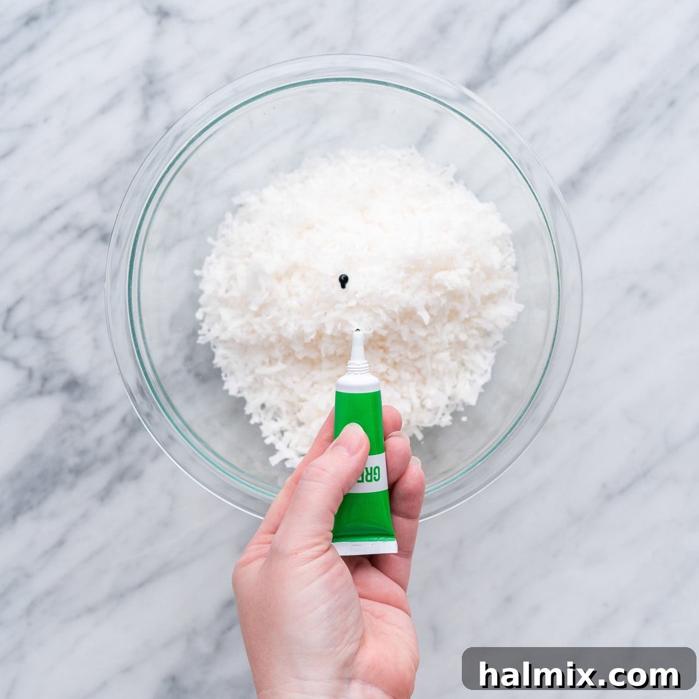 Whimsical Easter Nest Cupcakes 8 adding green gel food color to shredded coconut