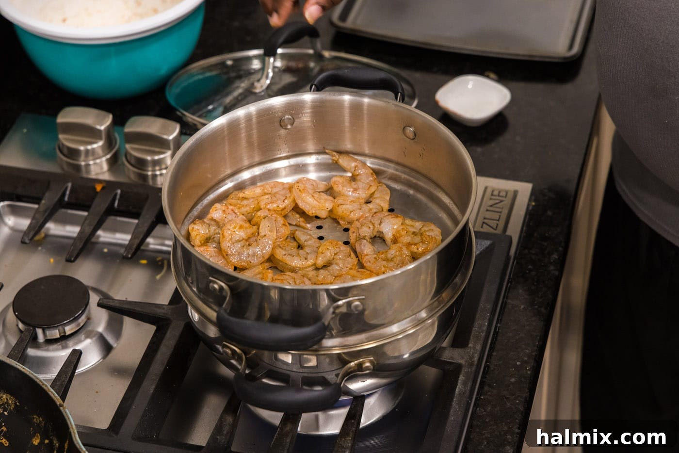 shrimp in steamer basket