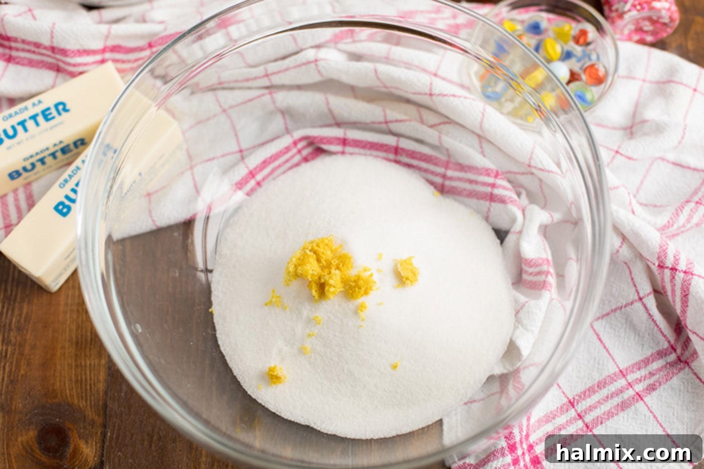 Sugar and lemon zest in a bowl