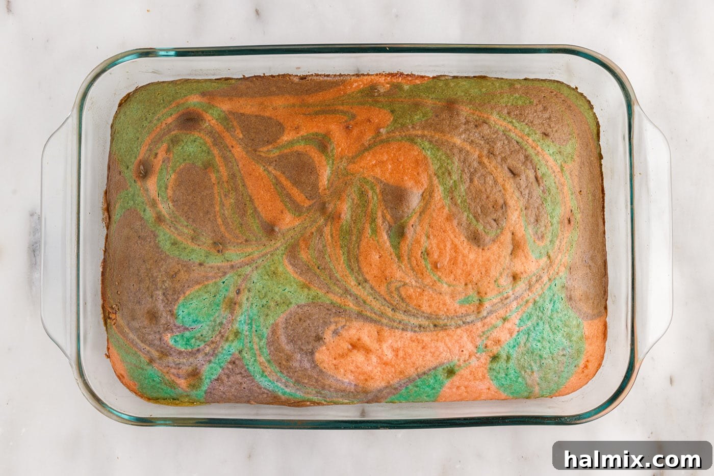 baked easter cake with swirls of color