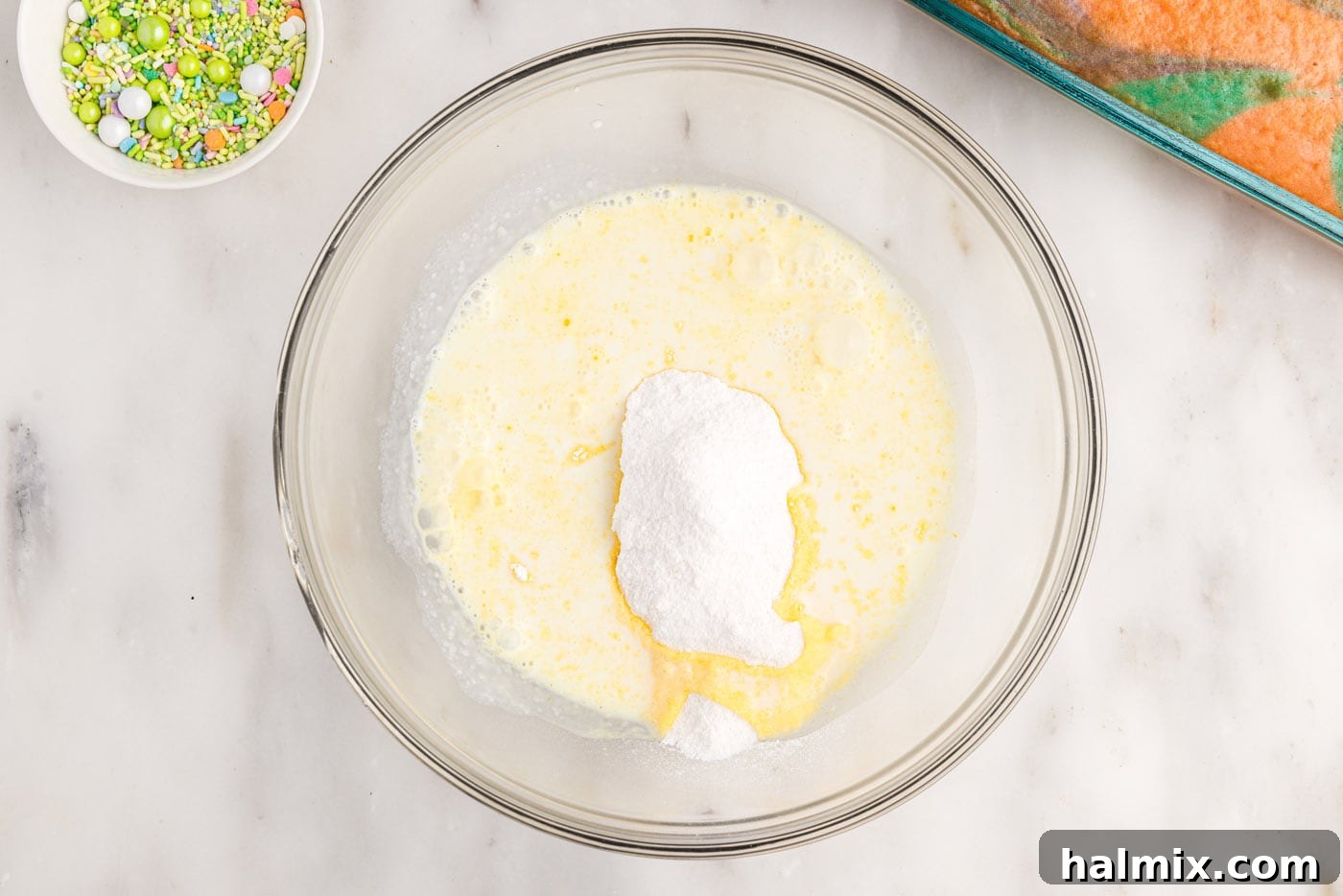 instant vanilla pudding with milk in a bowl