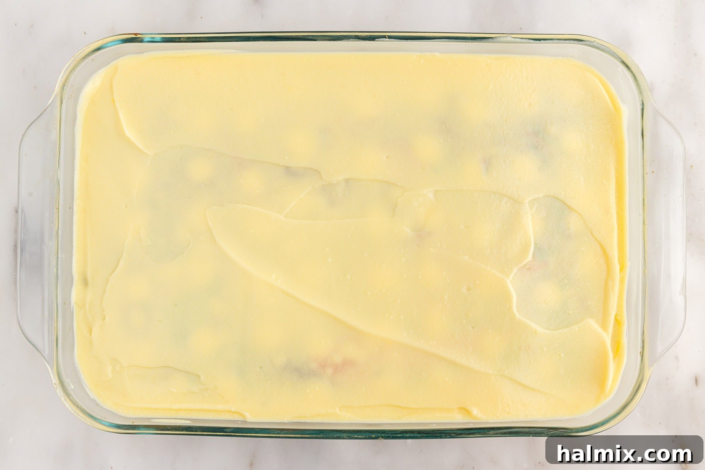 vanilla pudding poke cake overhead