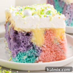 Close up photo of a piece of Easter Poke Cake