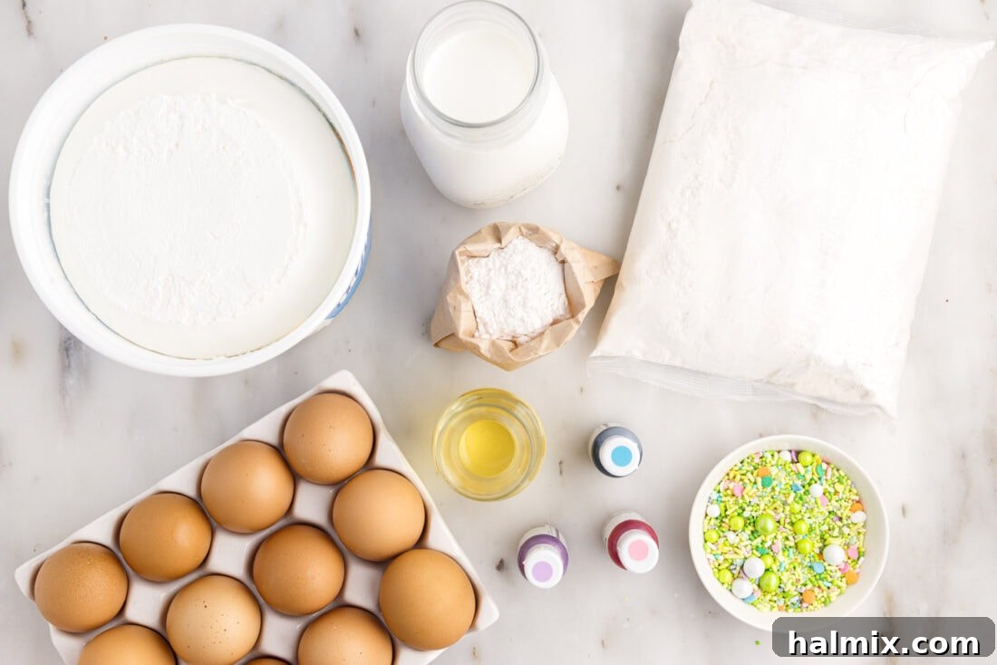 Collection of ingredients for Easter Poke Cake on a countertop