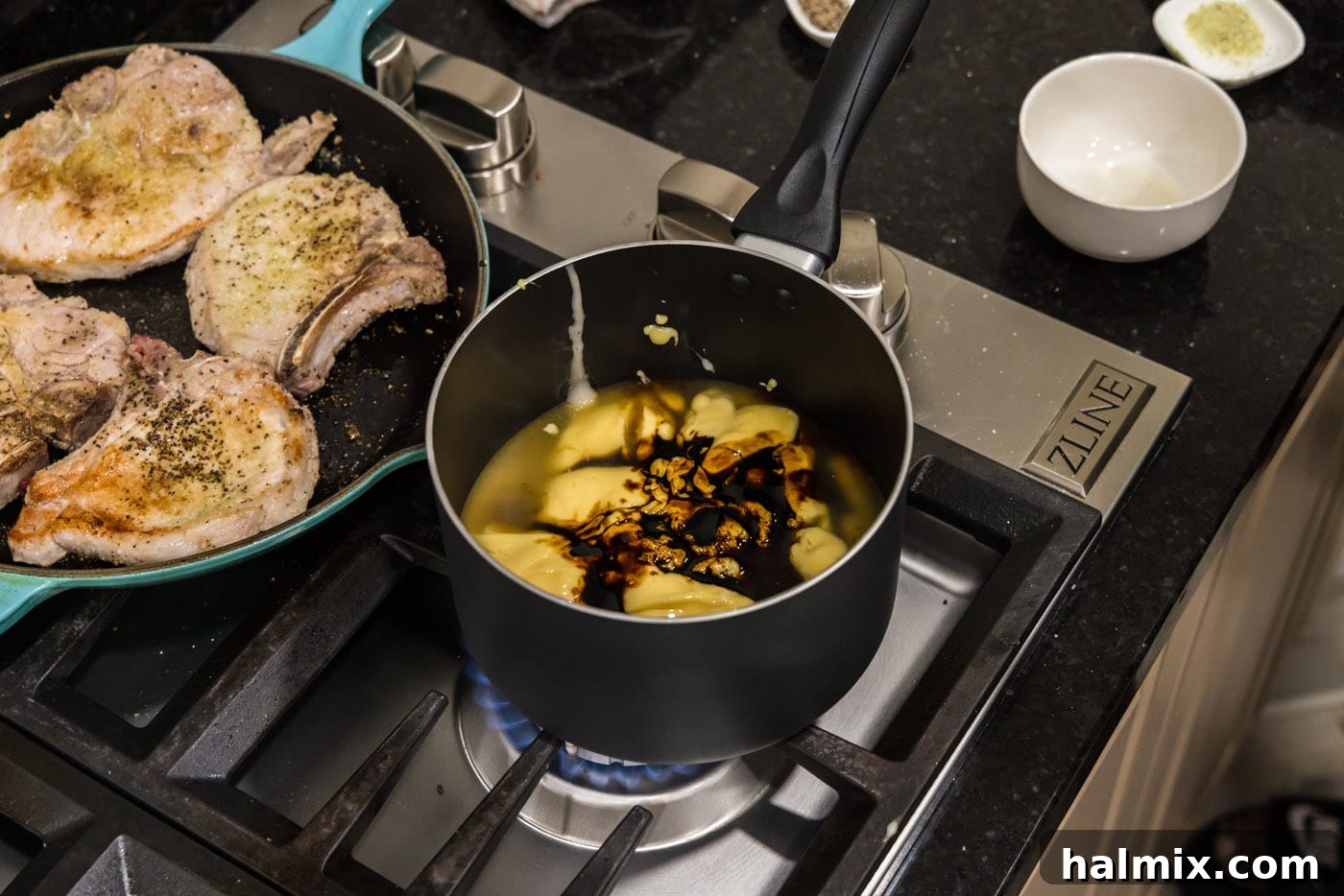 brown gravy ingredients in a saucepan for pork chops