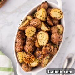 Overhead photo of Roasted Red Potatoes in a serving dish