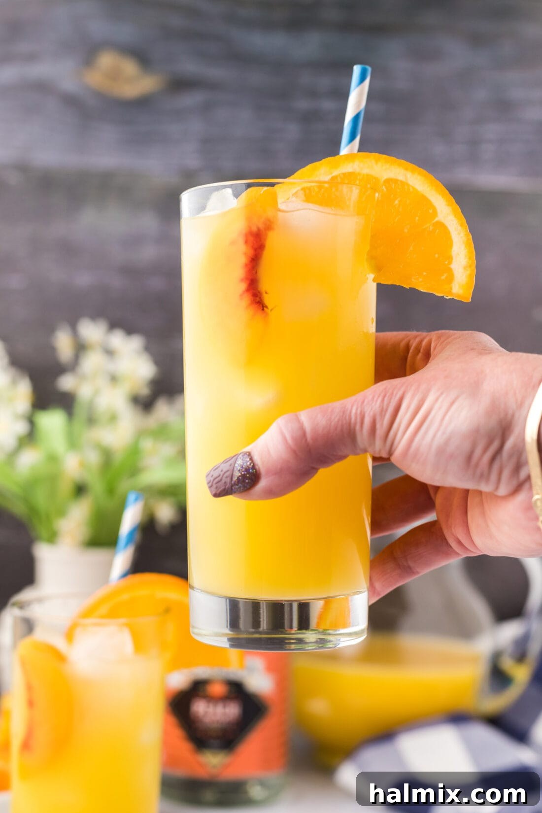 Velvet Peach Sunset 2 Hand holding a Fuzzy Navel drink garnished with orange slices and a peach slice