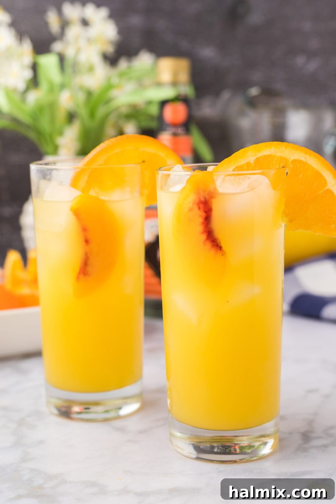 Velvet Peach Sunset 11 Close up photo of two Fuzzy Navels garnished with orange and peach slices