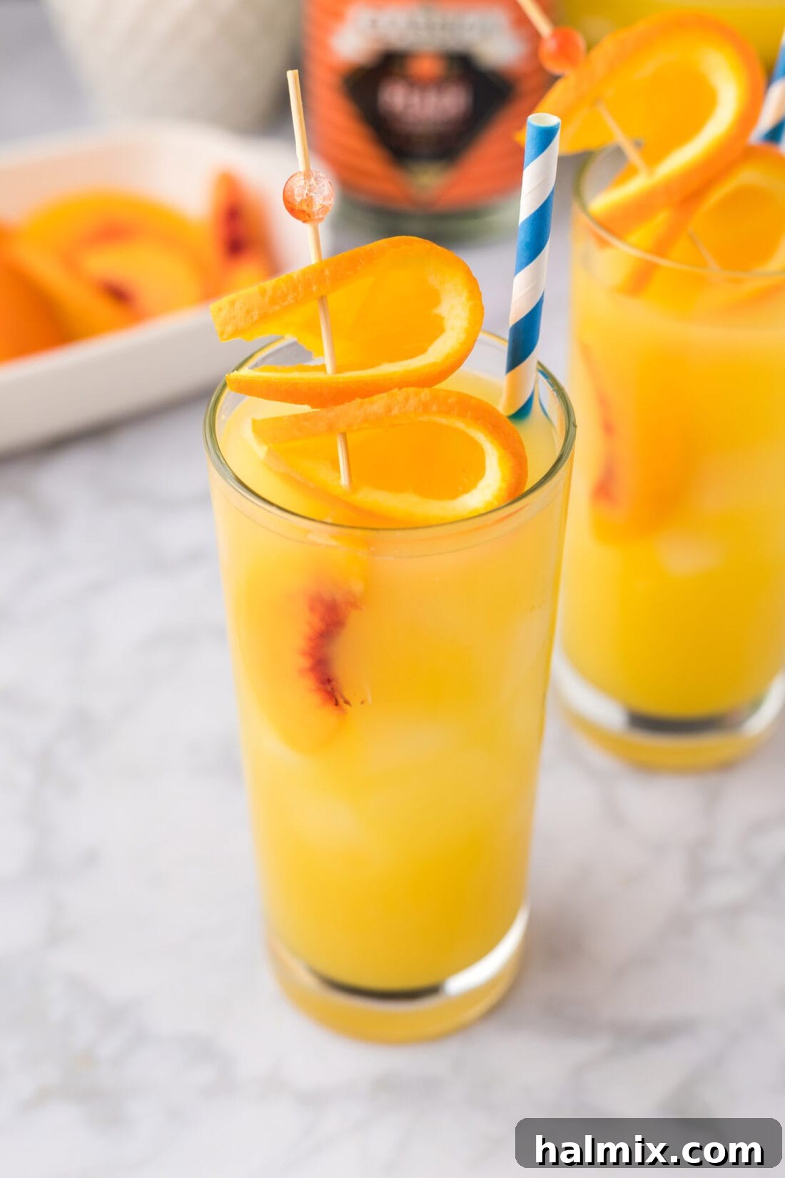 Velvet Peach Sunset 3 Close up photo of a Fuzzy Navel in a tall glass