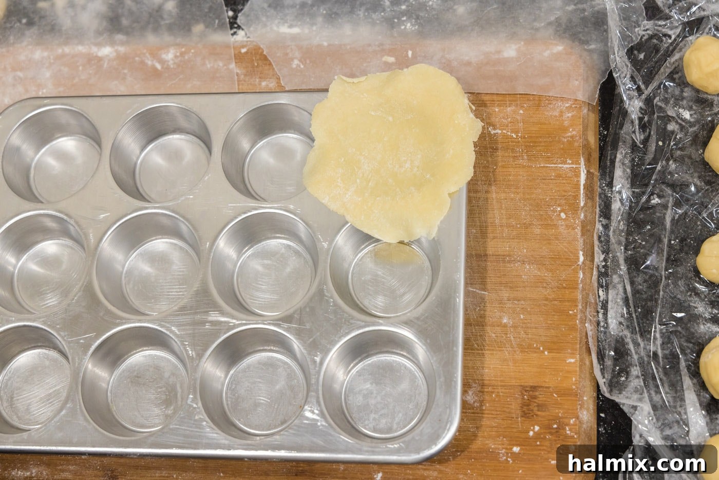 Decadent Mini French Silk Treats 13 pie dough on top of muffin tin