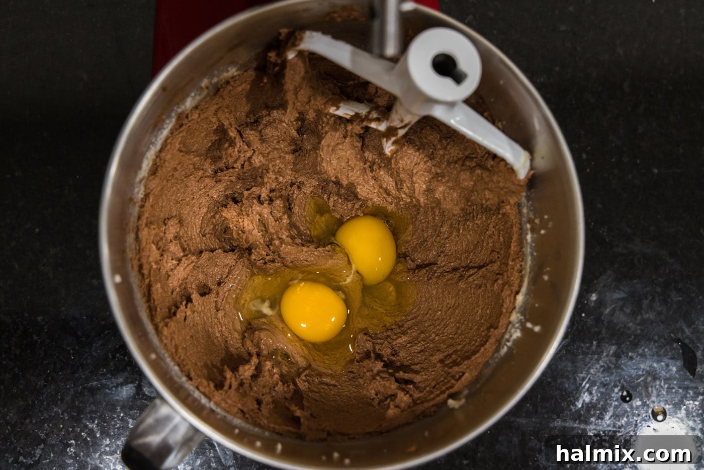 Decadent Mini French Silk Treats 21 eggs added to mixer bowl of french silk filling
