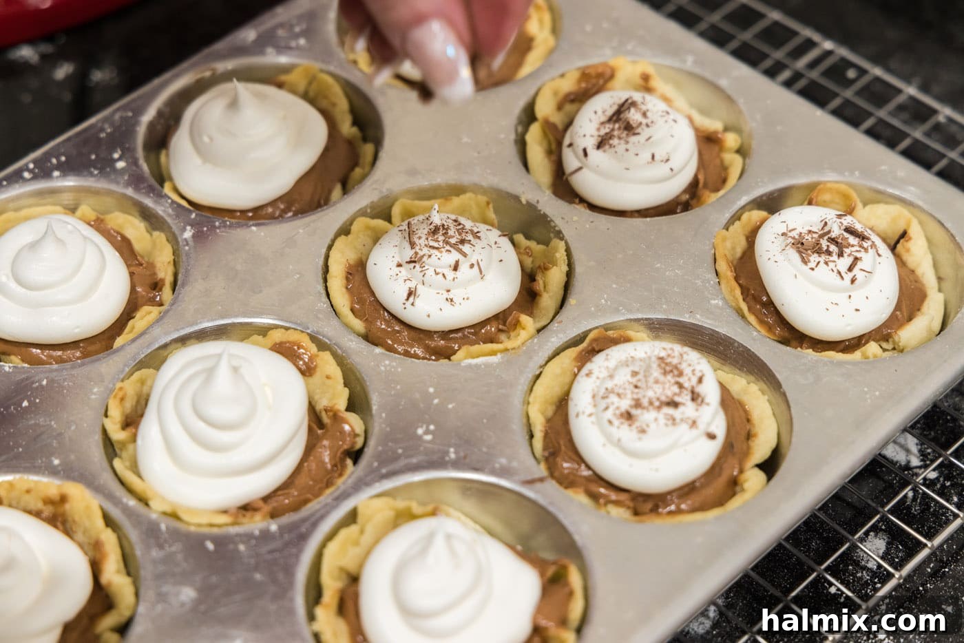 Decadent Mini French Silk Treats 28 Garnishing Mini French Silk Pies with chocolate shavings