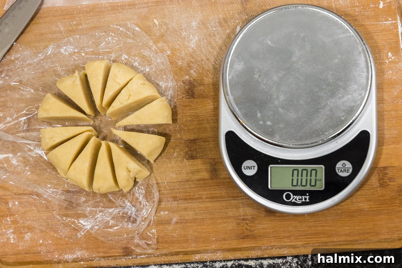 Decadent Mini French Silk Treats 7 slicing dough into triangles