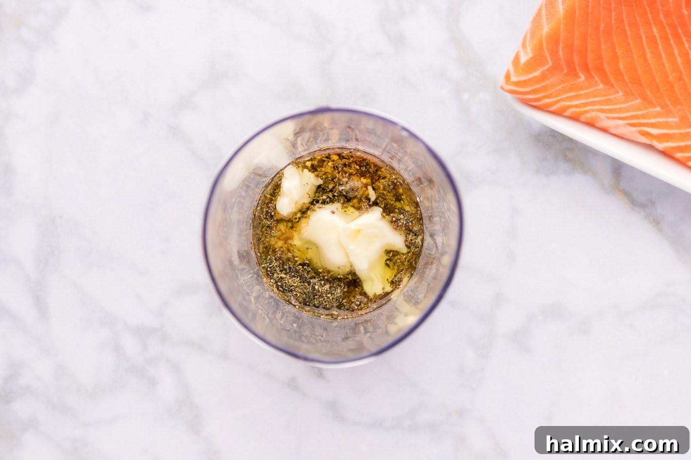 salmon marinade ingredients in an immersion blender