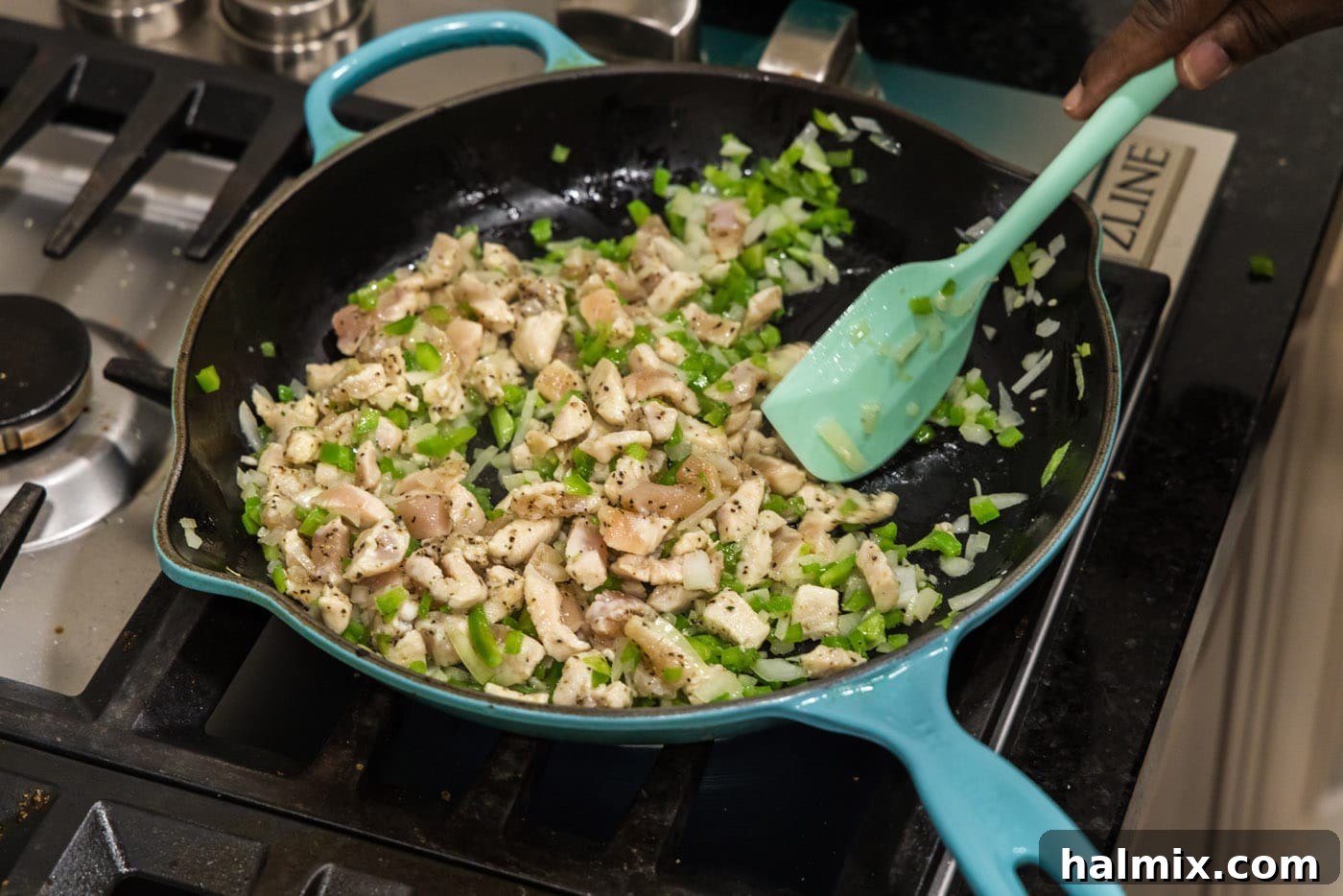 Deep-Fried Mexican Delights 10 mixing vegetables with chicken in a skillet until chicken is cooked and veggies are tender