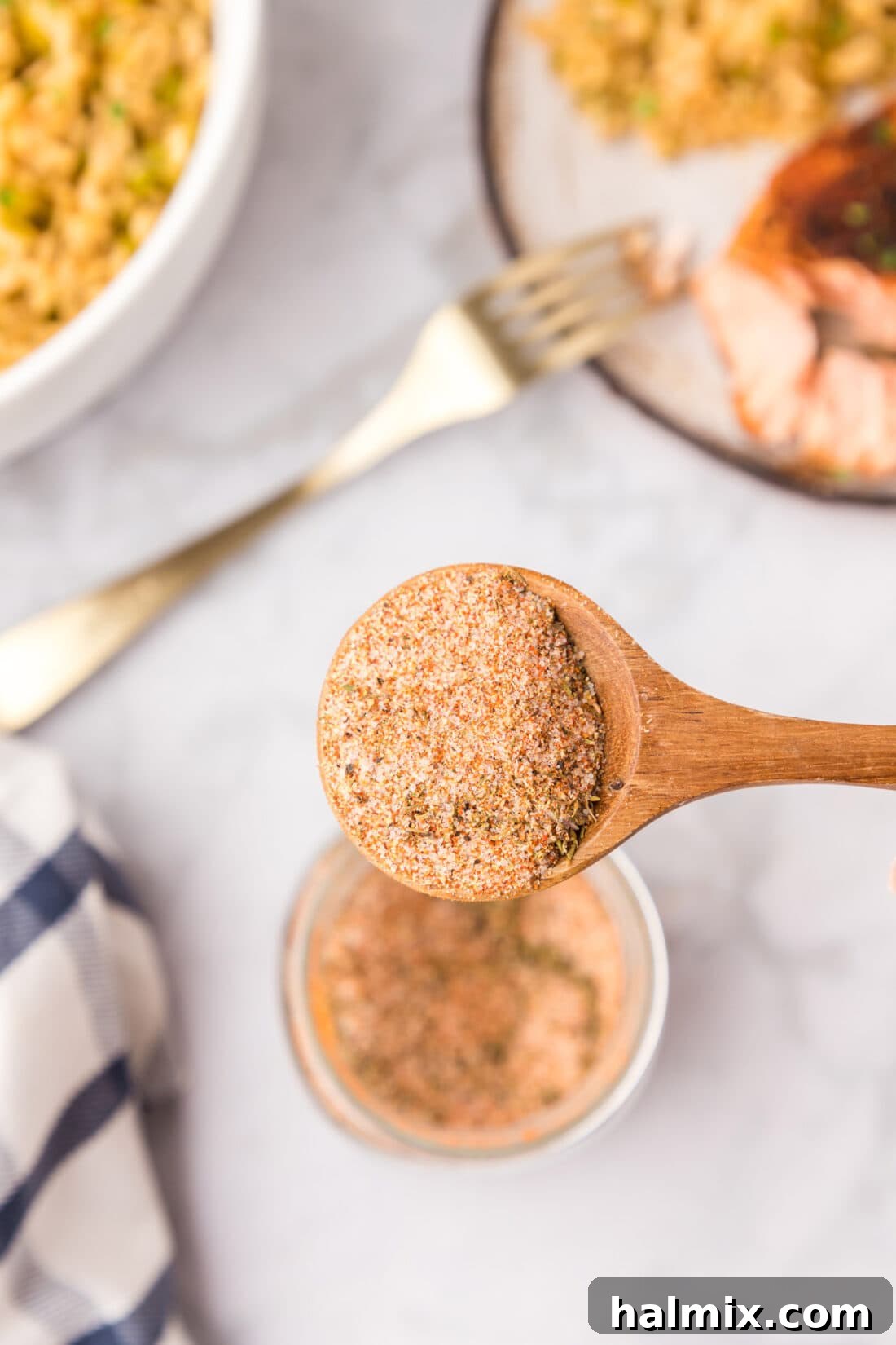 Overhead photo of a spoonful of Cajun Seasoning