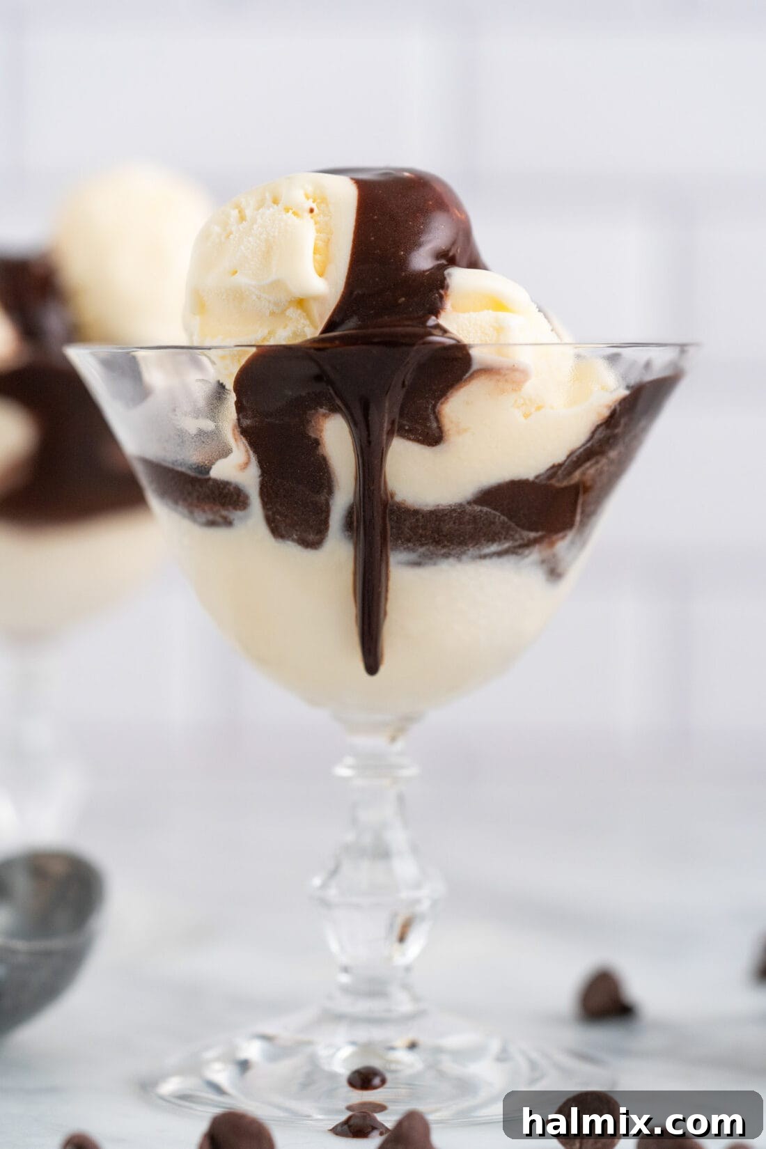 Warm Chocolate Indulgence 2 Ice cream in a sundae glass with Hot Fudge on top